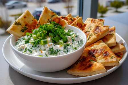 Creamy herb dip in a bowl served with toasted pita bread, garnished with fresh dillの素材