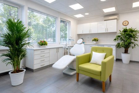 Dental office showing white equipment, clean design, and indoor plantsの素材