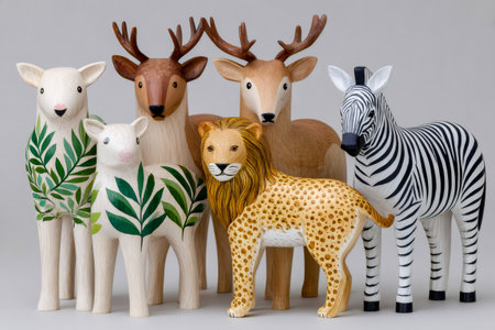 Group of various carved wood animal sculptures with detailed hand painting on a plain backgroundの素材