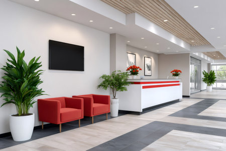 Office lobby presenting a clean, contemporary design with a reception desk, red armchairs, and plantsの素材