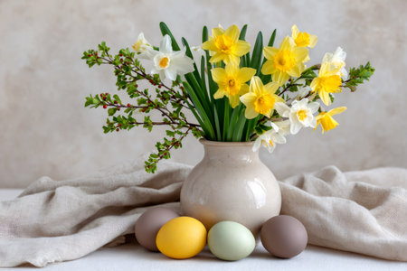 Daffodil bouquet with spring green foliage and dyed eggs creating a festive Easter still lifeの素材