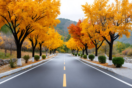 Paved road lined with vibrant yellow and orange trees during the autumn seasonの素材