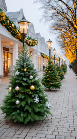Urban street with festive Christmas trees and golden garland lightsの素材