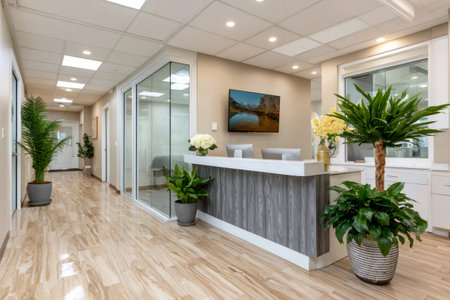 Contemporary clinic reception area showcasing a wooden desk, computers, television, and lush green plantsの素材