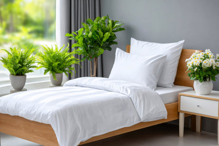 Bedroom with wooden bed frame, crisp white duvet, pillows, and green potted plants creating a fresh atmosphereの素材