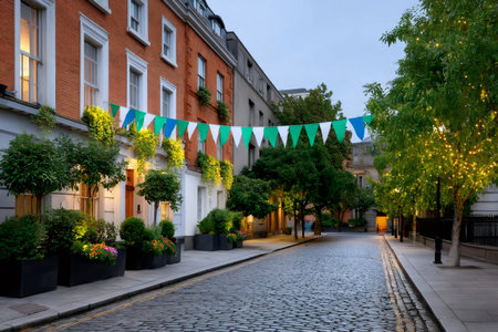 Cobblestoned street in Dublin, Ireland decorated with green, white, and blue bunting and illuminated treesの素材