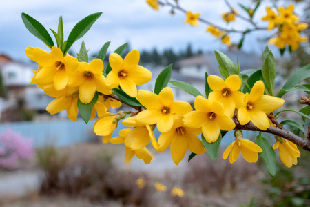 Forsythia branch showing vibrant yellow blooms and green leaves against a soft backgroundの素材