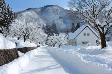 Quiet village road passing snow-covered houses and trees below a mountain in winterの素材