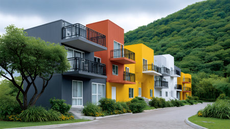 Colorful modern houses with balconies lining a paved road near a green hillsideの素材