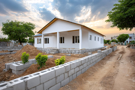 New house building with cinder block walls under construction at sunsetの素材