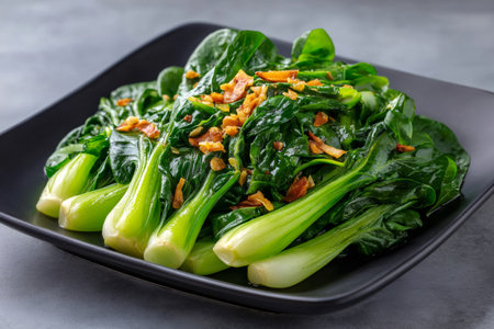 Cooked bok choy and green vegetables with crispy garlic served in a black plateの素材