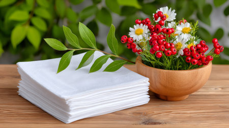 Stack of white paper napkins on wooden table with chamomile flowers, red berries, and green leavesの素材