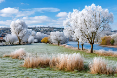Hoarfrost transforming trees and landscape on a sunny cold winter day by a riverの素材