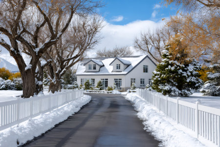 White suburban house standing proudly with a clear driveway bordered by snow and a picket fenceの素材