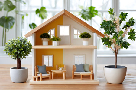 Wooden dollhouse showcasing miniature furniture and potted plants creating a cozy ambianceの素材