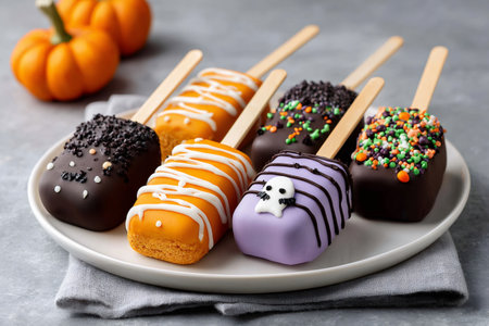 Cakesicles decorated with Halloween themes and colorful sprinkles on a white plateの素材