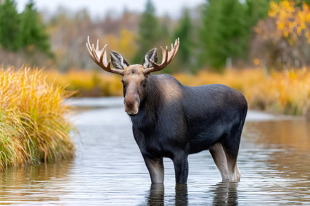 Moose bull standing in water with large antlers, surrounded by colorful autumn vegetationの素材
