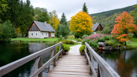 Rustic stone cottage by a tranquil lake and garden in colorful autumn scenery, viewed from a wooden bridgeの素材