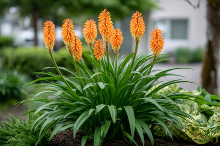 Kniphofia plant with long green leaves and multiple orange flower spikesの素材