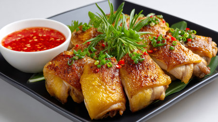 Delicious Asian baked chicken thighs served with spicy dipping sauce and fresh herbsの素材