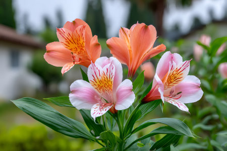 Alstroemeria Peruvian lilies displaying vibrant petals and green leaves in a garden settingの素材