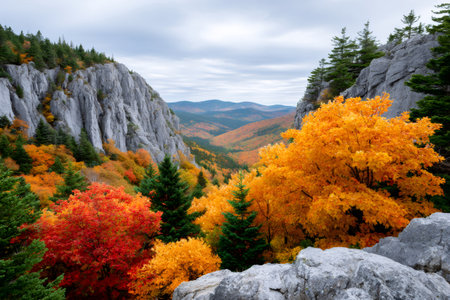 Colorful autumn leaves transforming a mountain valley with dramatic rock formations under a cloudy skyの素材