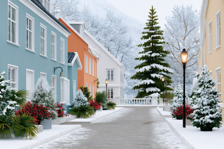 Colorful houses lining a snowy street with pine trees and glowing street lampsの素材