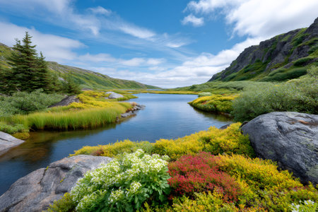 Tranquil lake reflecting blue sky with vibrant bushes and green mountainsの素材