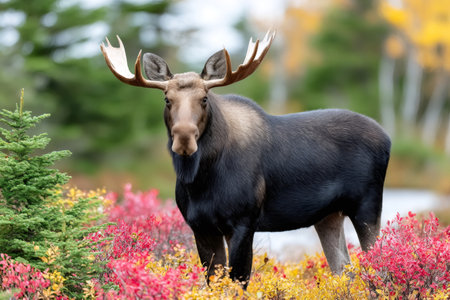 Bull moose standing amid vibrant red and yellow autumn bushes in natural forest habitatの素材