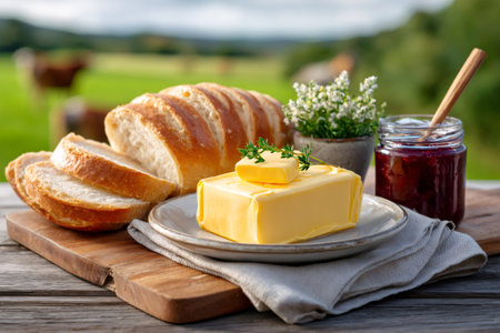 Delicious breakfast components including bread, butter, and jam on a wooden table outdoorsの素材