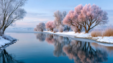 Winter landscape with hoarfrost covering trees along a calm lake, reflecting the pastel skyの素材