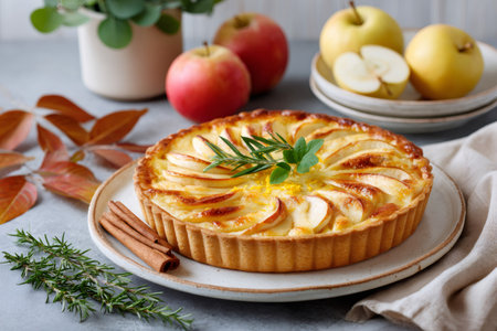 Apple tart on a plate with cinnamon, rosemary, and fresh apples creating an autumn sceneの素材