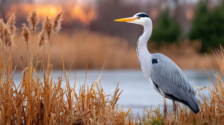 Gray heron standing at a water's edge among reeds with orange light in the backgroundの素材