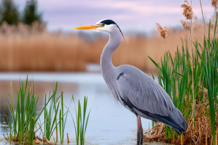 Gray heron standing in water, featuring reeds, a pond, and calm natureの素材