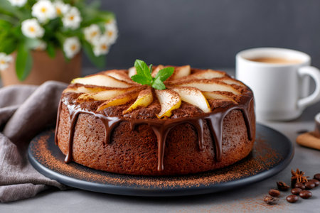 Chocolate cake with pear slices, cocoa powder, fresh mint, and chocolate drizzle on a plateの素材
