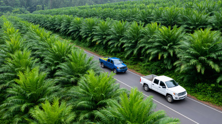 Trucks transporting harvested palm fruits along a road fringed by lush green palm oil treesの素材