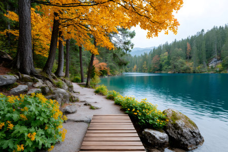 Nature landscape with golden autumn trees along a tranquil path beside a clear lakeの素材