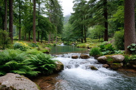 Forest stream flowing over rocks with ferns and trees providing a tranquil natural environmentの素材