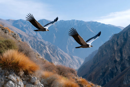 Two Andean condors soaring above the deep gorge of Colca Canyon, highlighting nature and freedomの素材