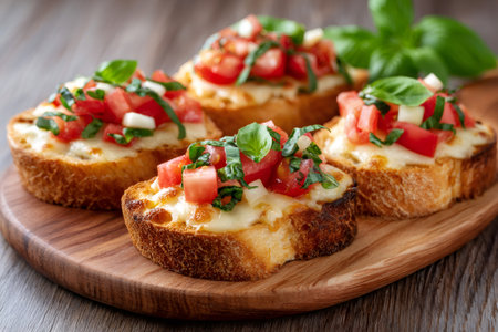 Bruschetta appetizer served with melted cheese, diced tomato, and basil on a wooden boardの素材