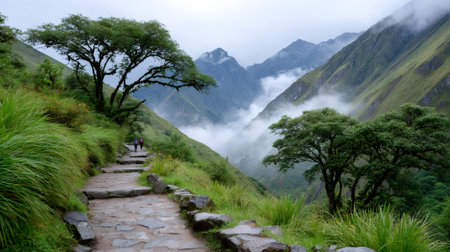 Hikers trekking a stone path winding through mountains, valleys, and clouds in the Andesの素材
