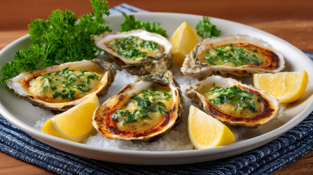 Baked oysters topped with garlic butter and parsley, served with lemon wedges on iceの素材