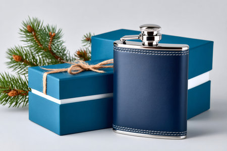 Blue leather hip flask and wrapped gift box with evergreen pine branch creating holiday atmosphereの素材