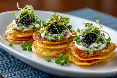 Three gourmet appetizers featuring black caviar, sour cream, and fresh microgreens on crispy potato chipsの素材