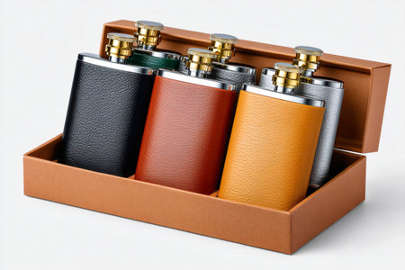 Colorful leather-wrapped stainless steel flasks presented in an open gift box, a perfect presentの素材