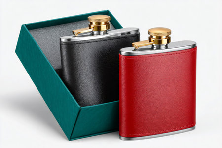 Stainless steel hip flasks with leather covers, one red and one black, presented in a gift boxの素材