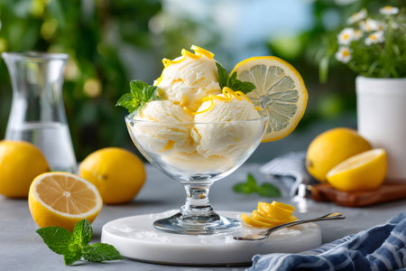 Lemon ice cream scoops in a glass bowl, garnished with mint, zest, and a lemon sliceの素材