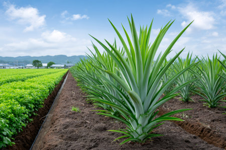 Pineapple plants growing in neat rows on fertile soil under a sunny blue skyの素材