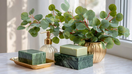 Bathroom counter displaying eucalyptus leaves, green marble soap dish, and liquid soap dispenserの素材