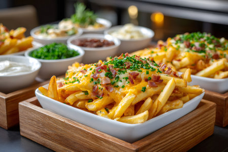 Appetizing loaded cheese fries offering a delicious comfort food snack in a restaurant settingの素材